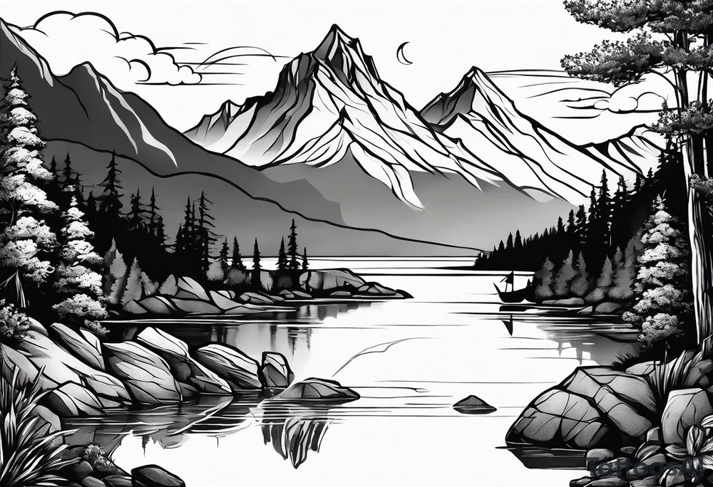 Lake view with mountains, splitted by rocks and trees and a Sea view port syle tattoo idea