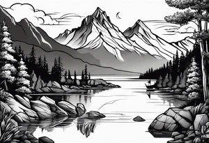 Lake view with mountains, splitted by rocks and trees and a Sea view port syle tattoo idea