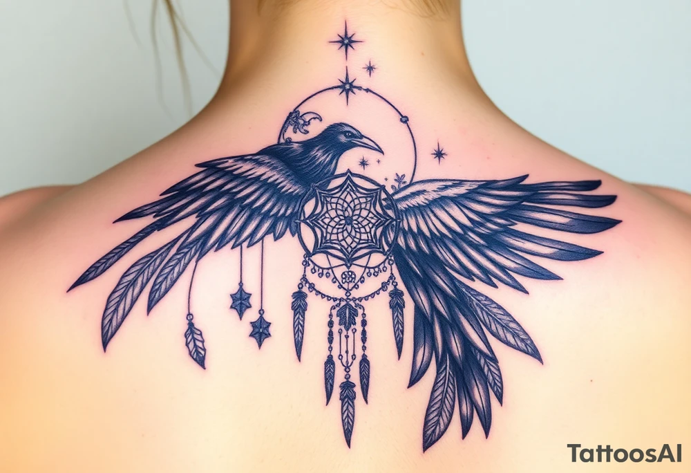 Raven dream catcher milky way moon shooting star tattoo idea