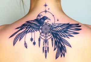 Raven dream catcher milky way moon shooting star tattoo idea