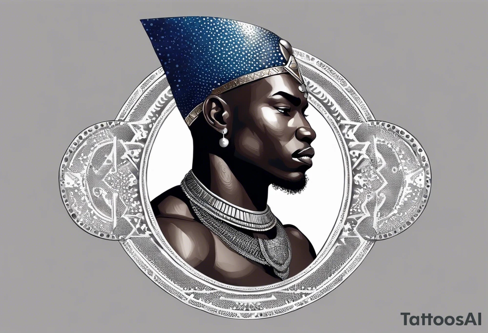 Black-skinned bald african warrior. He wears a simple and small silver crown. He uses two simple necklaces: one blue, other red. tattoo idea