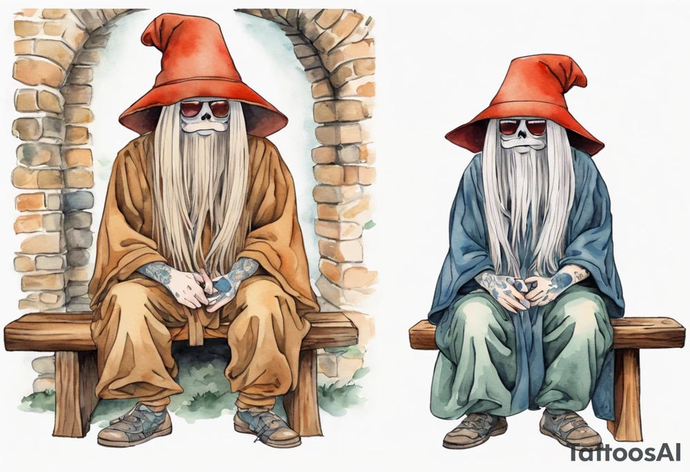 cousin it wearing a mushroom hat and medieval tunic sitting on a bench by a fireplace drinking from a wood cup, laughing tattoo idea