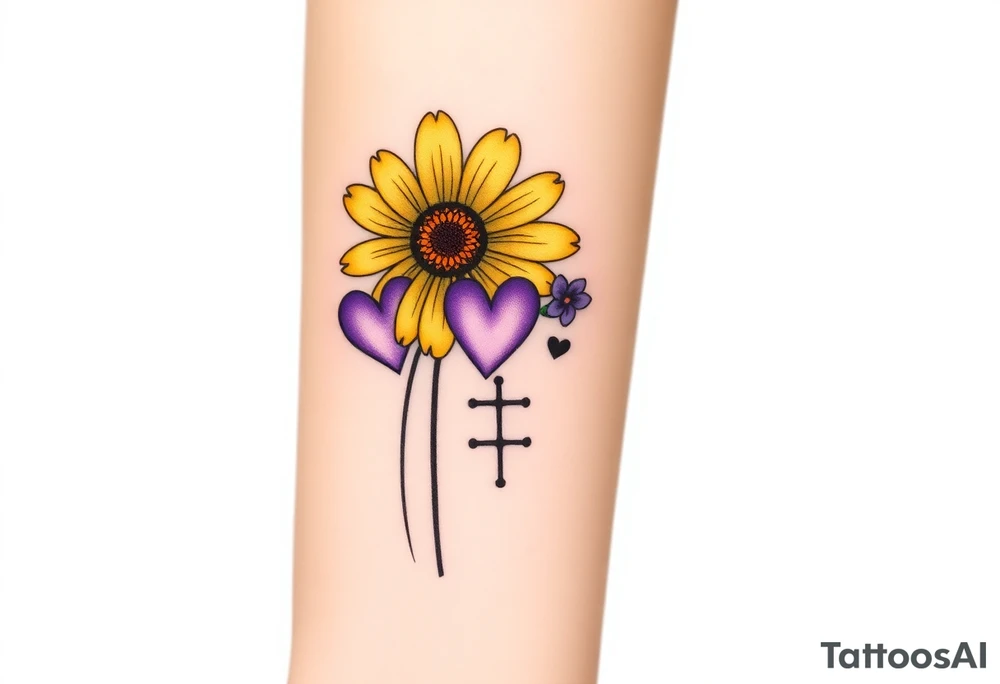 Simple yellow daisy with Purple Hearts & cross tattoo idea