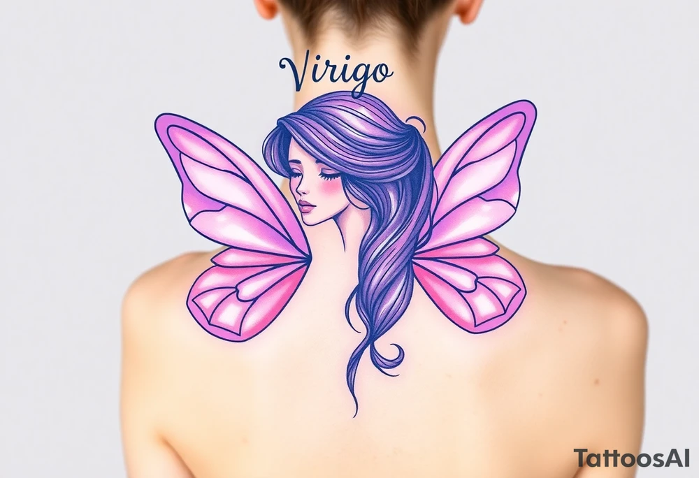 A dreamy portrait of a woman with delicate butterfly wings, in soft lavender, pink, and pearl white hue with the word Virgo above her head tattoo idea