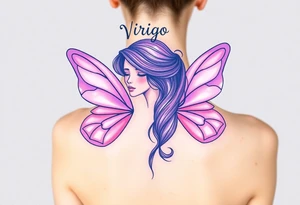 A dreamy portrait of a woman with delicate butterfly wings, in soft lavender, pink, and pearl white hue with the word Virgo above her head tattoo idea