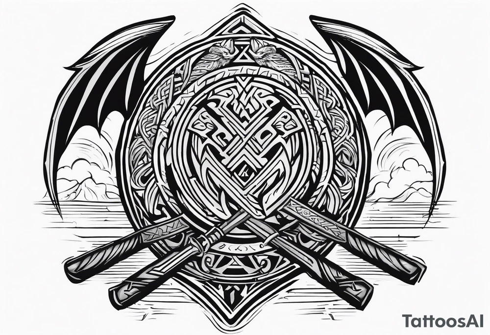 Valhalla sword shield dragon axe Valknut tattoo idea