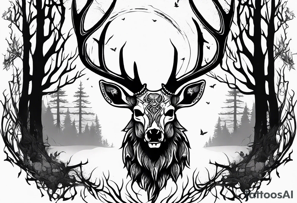 A spooky decaying deer skull lore accurate wendigo surrounded by a forest fire in background tattoo idea