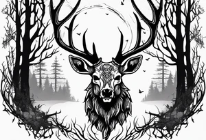 A spooky decaying deer skull lore accurate wendigo surrounded by a forest fire in background tattoo idea
