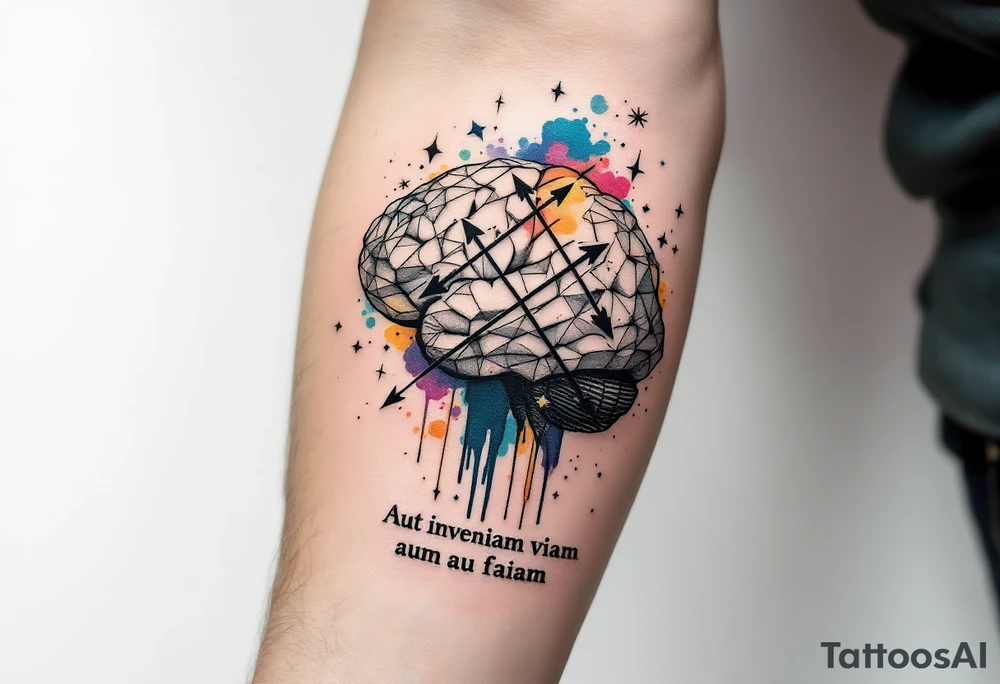 A front-seen brain in geometric and straight lines, with few watercolor details but mostly black, symbols representing intelligence, creativity and dreaming flying arround, the phrase "Aut inveniam viam aut faciam" and an arrow crossing from above with watercolors leaking from it tattoo idea