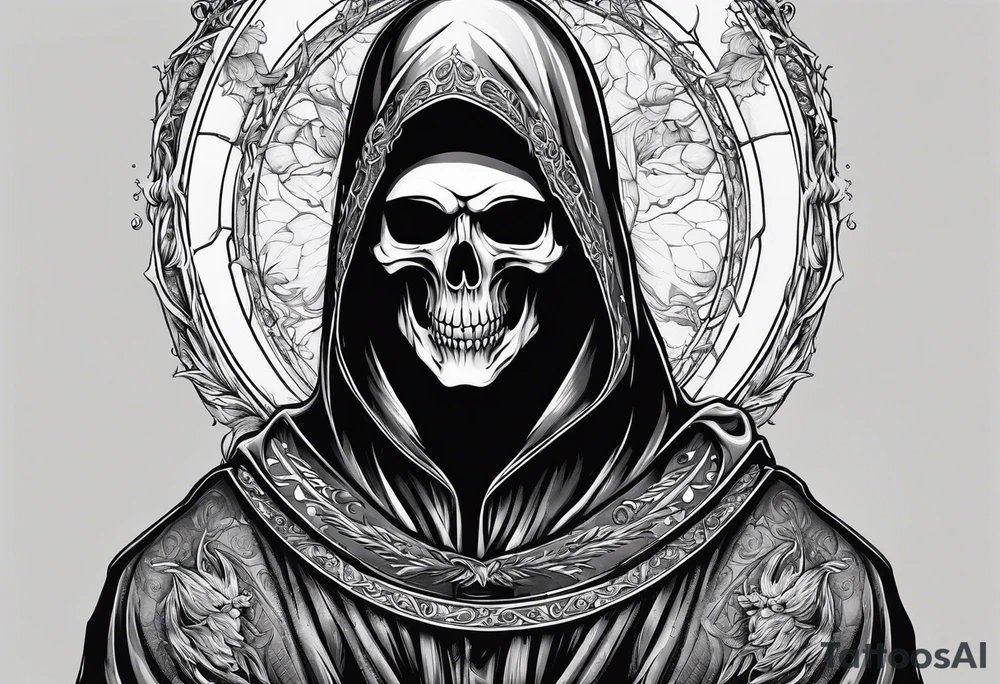 grim reaper with his hood off and a halo above his head tattoo idea
