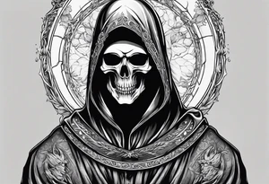 grim reaper with his hood off and a halo above his head tattoo idea
