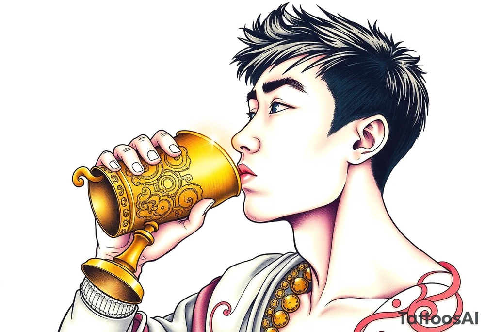 Handsome Asian young guy is drinking from medieval golden cup tattoo idea