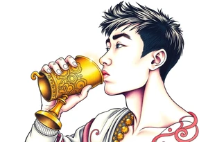 Handsome Asian young guy is drinking from medieval golden cup tattoo idea