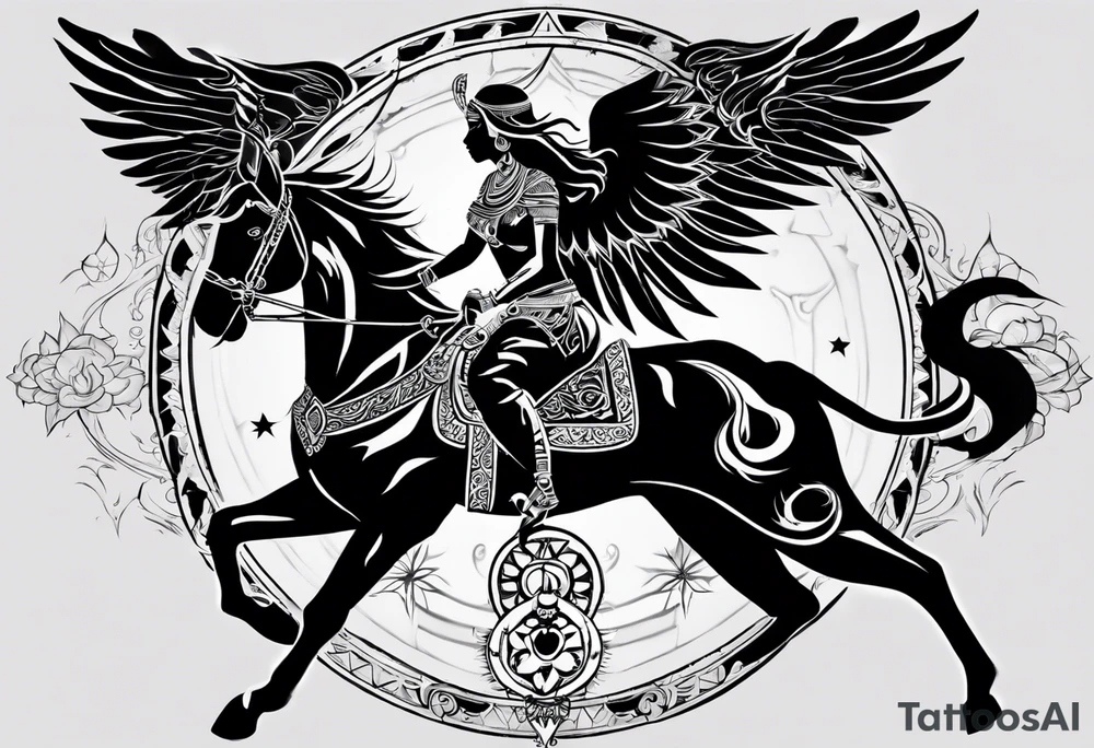 black kali, goddess pirate, alien, angel, pachamama, valkrye, warrior, flying, skull, lotus azul, wing, eagle, zenza resonance, stars, 5D, anahata chakra, death, durga, riding on a tiger, flying lady tattoo idea
