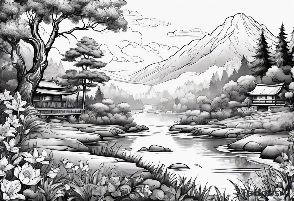 Peaceful nature scene with flowers, trees, animals and water tattoo idea