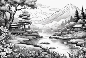 Peaceful nature scene with flowers, trees, animals and water tattoo idea