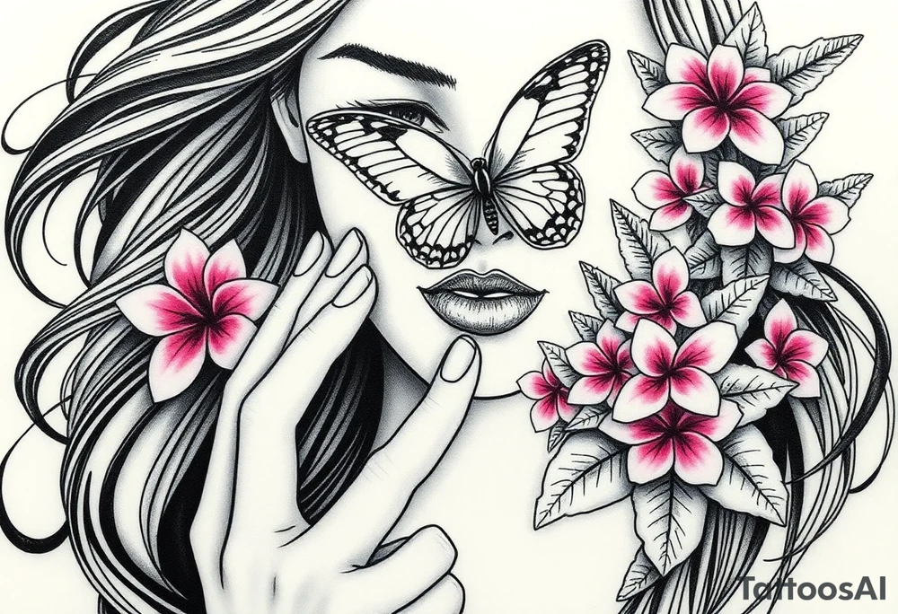 Womens Face wuth her fi ger to her lips like saying ve quiet with her long long hair flowing in the wind but ontop of her instead of her having eyes she the lower part of a butterfly as  a blind fold around that butterfly medium and small and very small butterflys and bush of Beautiful pink plumeria found in Kaimuki, on the island of Oahu. And leafs that would bee seen with these flowers tattoo idea