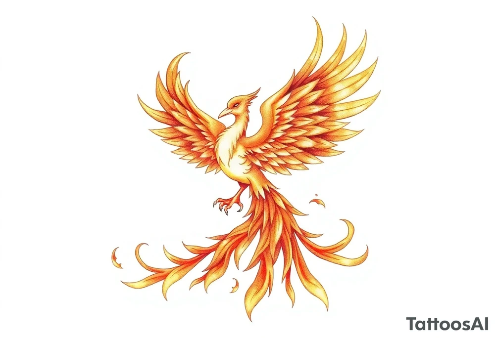 magnificent phoenix rising from golden flames with trailing embers tattoo idea