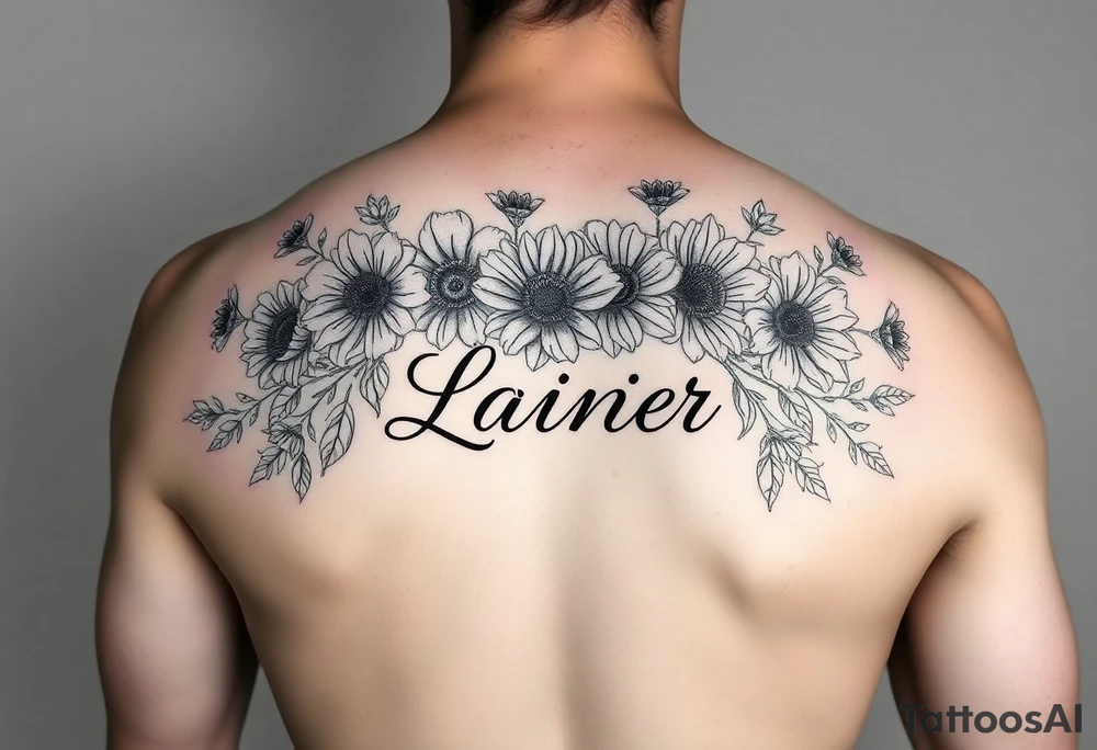 Birth flowers for the month of January February March May, June, July, August, November, and the name Lanier in cursive between the flowers on sleeve tattoo idea