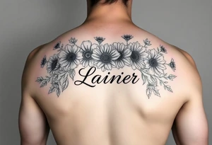 Birth flowers for the month of January February March May, June, July, August, November, and the name Lanier in cursive between the flowers on sleeve tattoo idea