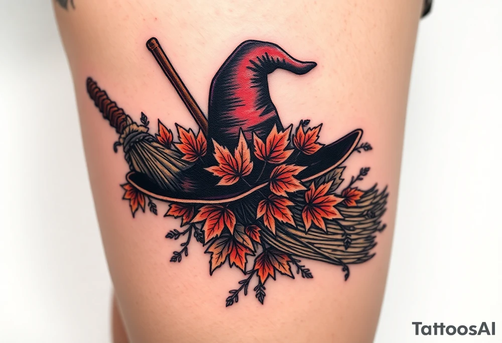 Which is broom with handle
 a witches hat with fall maple leaves, feathers and vines tattoo idea