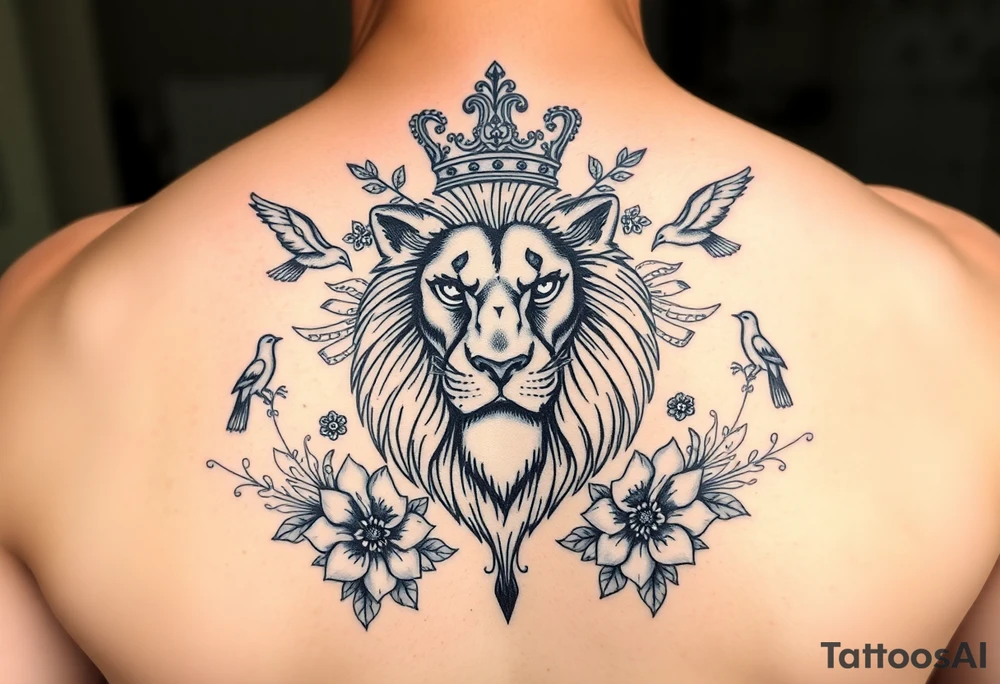 powerful majestic lion with a crown, surrounded by floral ornaments and birds tattoo idea