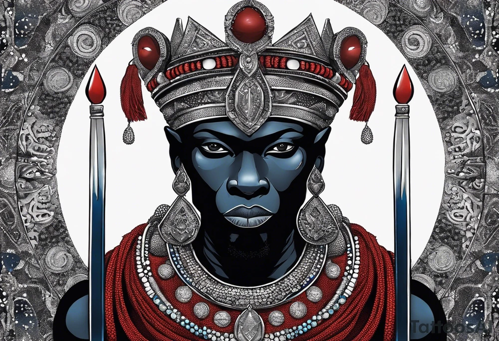 An african god, a bald black-skinned warrior, that uses a sword and a silver crown. He also uses blue and red necklaces tattoo idea
