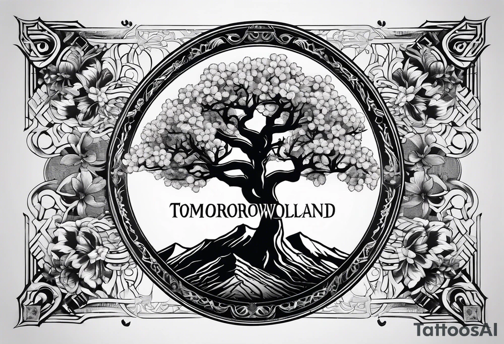 yggdrasil, five or six cherry tree flower on the upper left, the logo of tommorowland, and on the background a geometrical shape tattoo idea