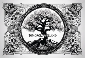 yggdrasil, five or six cherry tree flower on the upper left, the logo of tommorowland, and on the background a geometrical shape tattoo idea