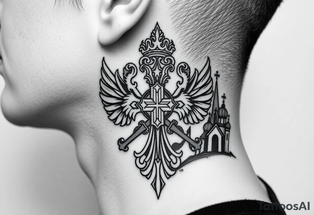 russian coat arms in a russian christian orthodox cross with the cross in the middle with a virgin mary & orthodox dome church on the side of the neck tattoo idea