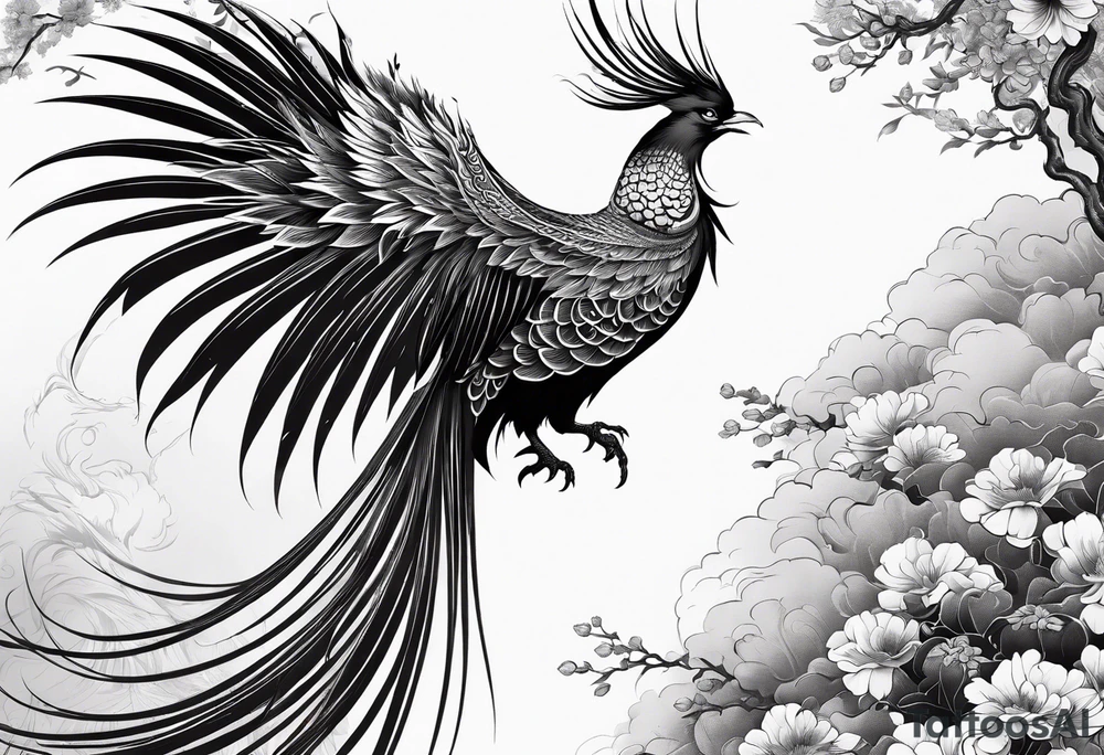 graceful asian style phoenix with extra long tail feathers and a long neck tattoo idea