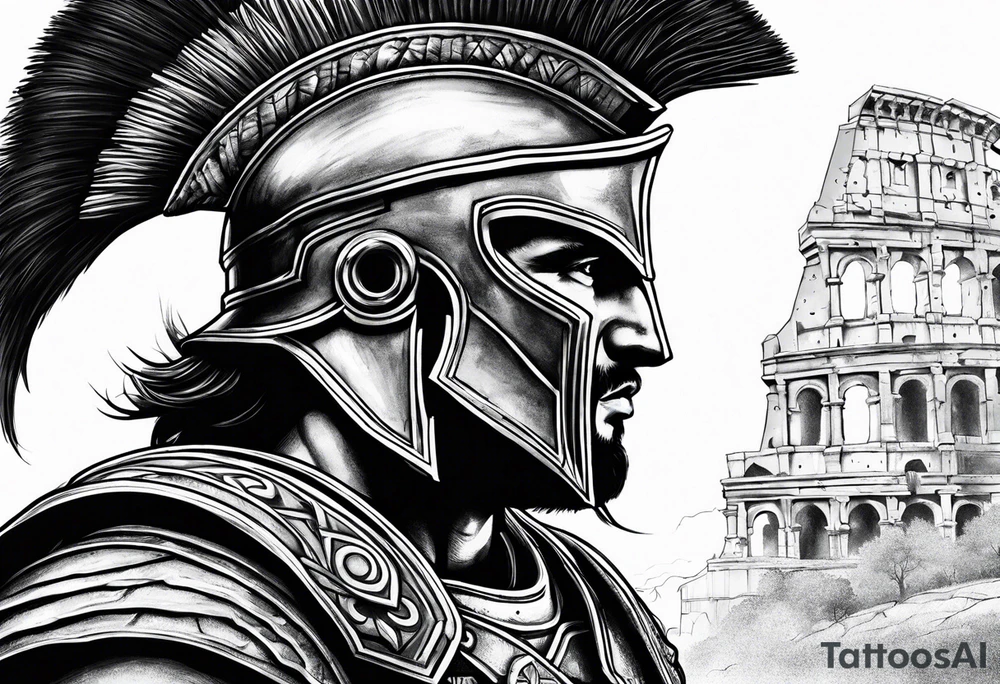 Side profile Spartan Solider ancient roman city far away tattoo idea