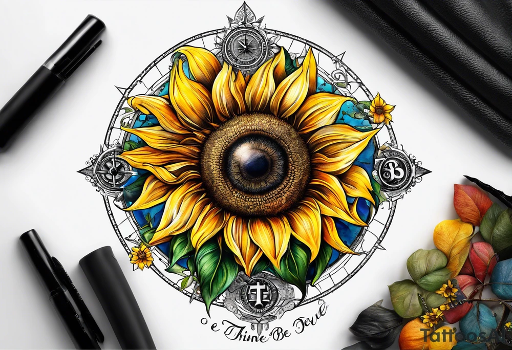 Sunflower and
 compass, with the words "To Thine Own Self Be True" tattoo idea
