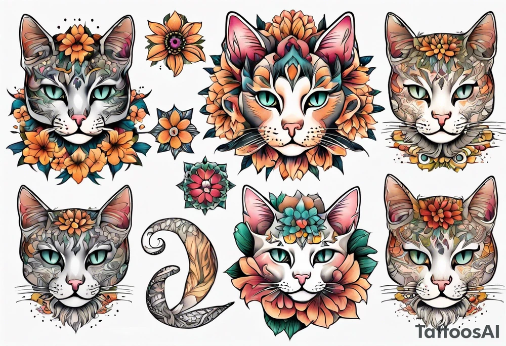 Cat colored flowers Mandala tattoo idea