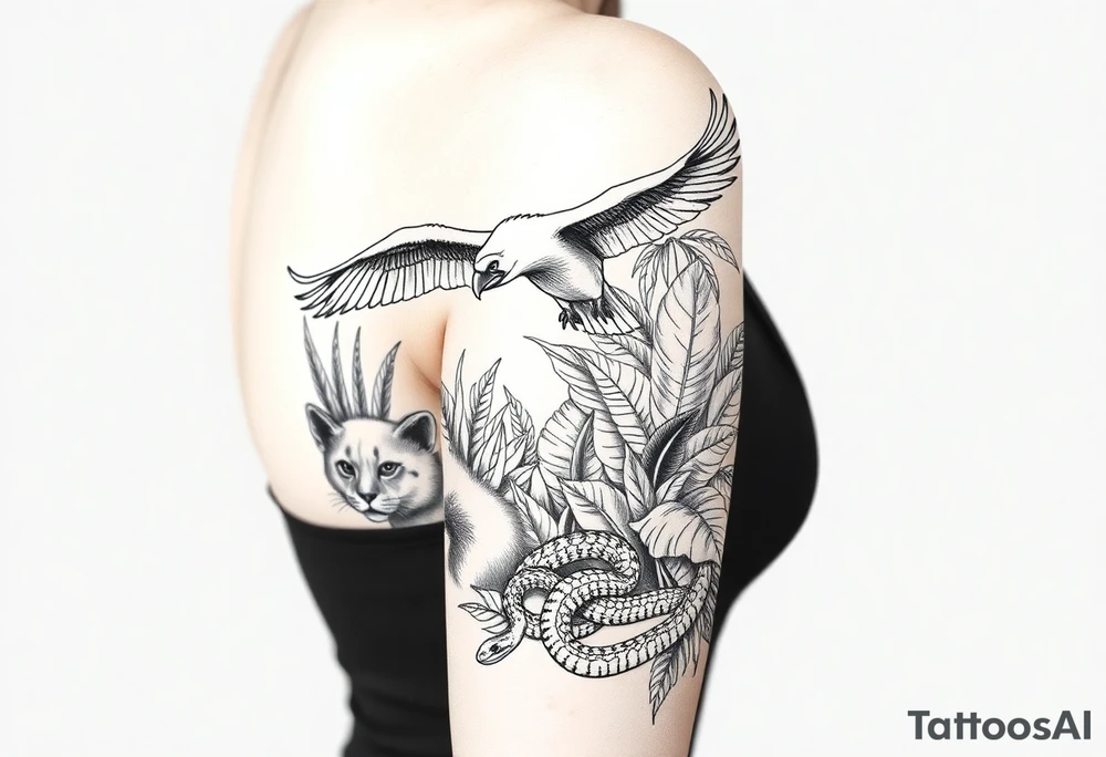 Fine line tattoo from shoulder to elbow: Andean condor flying above Amazon rainforest, amongst the tropical foliage is a puma hiding with only its face exposed, towards the floor of the rainforest is a snake, also mostly hidden behind plants but its head and parts of its body are exposed. tattoo idea