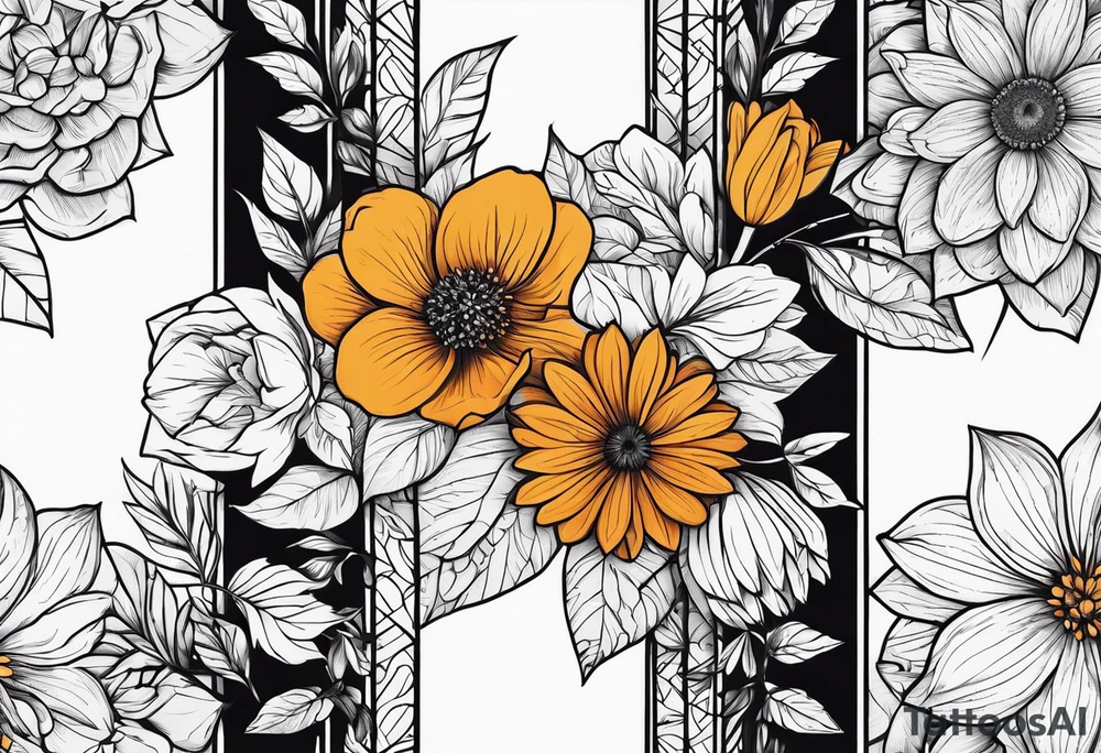 Symbolic shadowed black drawings on the background of different colored flowers tattoo idea