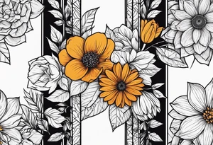 Symbolic shadowed black drawings on the background of different colored flowers tattoo idea
