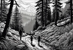 A shadow of a Man and Woman and young son and young daughter  walking through the Pacific Northwest Forrest. Catholic tattoo idea