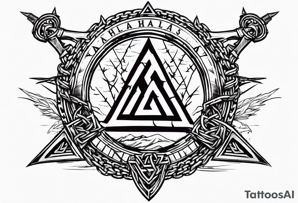 Valhalla  sword shield axe barbed wire chains valknut tattoo idea