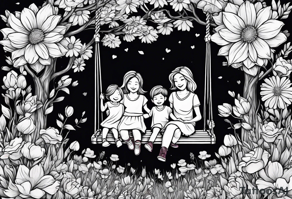 Mom with son and daughter on a swing in the distance in a field of flowers tattoo idea