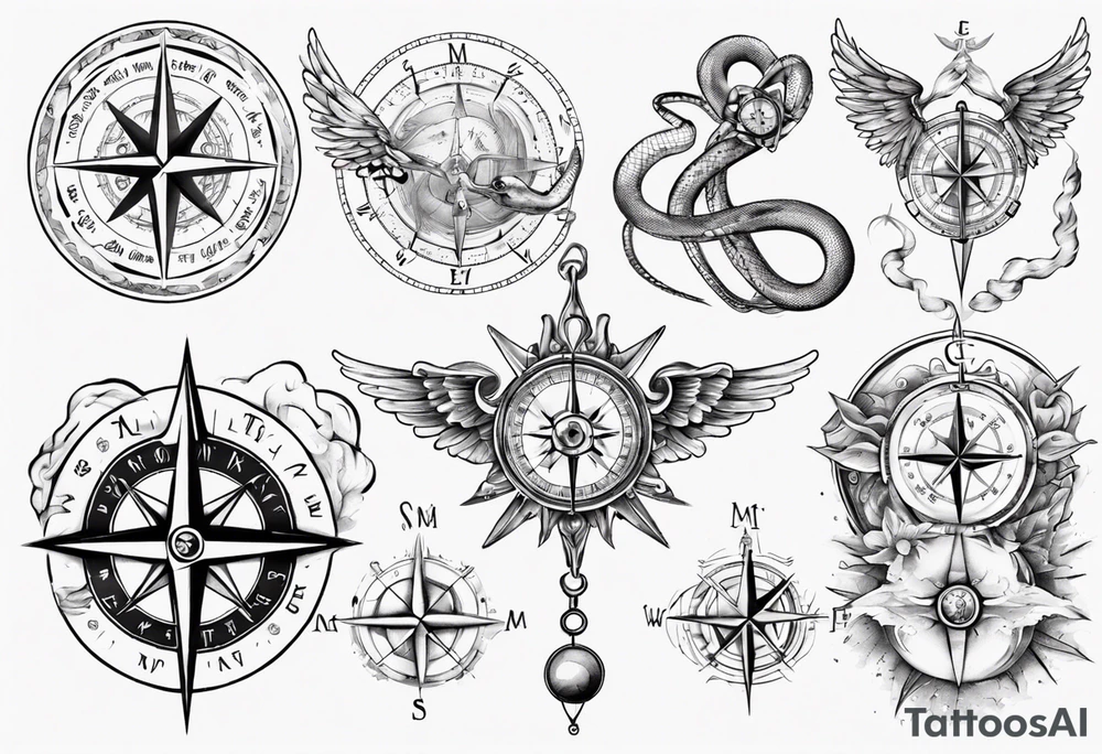 Compass tatoo with sun, Gemini , angels and snake tattoo idea