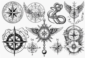 Compass tatoo with sun, Gemini , angels and snake tattoo idea