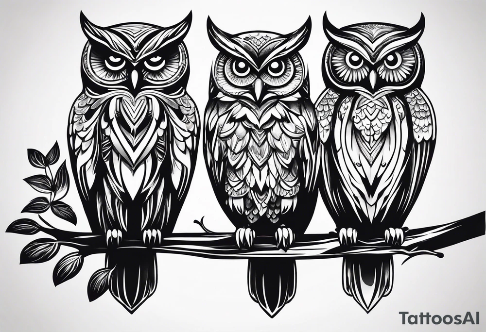 Three owl silhouettes overlapping with branch tattoo idea Three owl silhouettes overlapping with branch tattoo idea