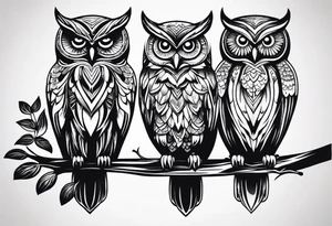 Three owl silhouettes overlapping with branch tattoo idea