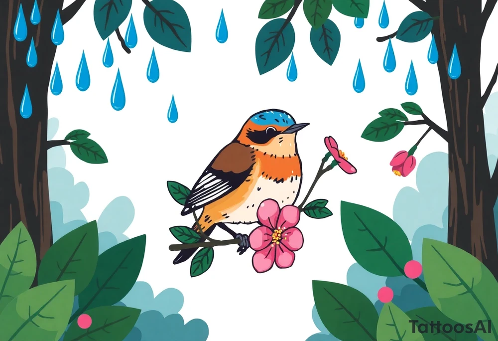 green forest background
blue rain drops
pink camelia flower
blue brown wren bird tattoo idea