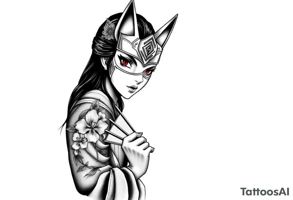 japanese samurai woman with red eyes wearing a kitsune half-mask and holding a fan with irises flowers ornement tattoo idea
