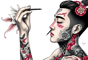 Handsome Asian young guy is putting ritual make up on tattoo idea