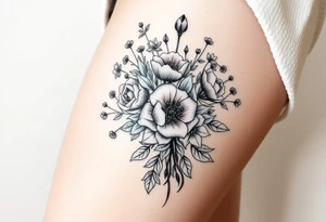 vintage bouquet of wild roses and meadow flowers with morning dew tattoo idea
