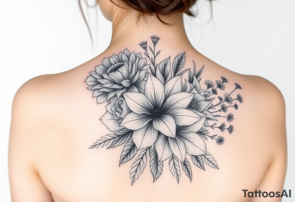 3d realistic Bouquet of flowers with a Carnation, rose, lily, luster, and aster flower tattoo idea