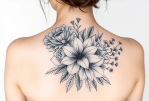 3d realistic Bouquet of flowers with a Carnation, rose, lily, luster, and aster flower tattoo idea